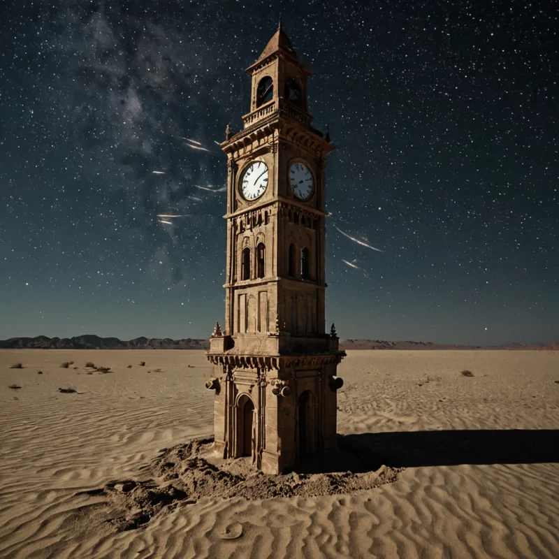 A single, selferasing thread of liquidized moonlight unravels across the surface of a floating, inverted clocktower suspended in the middle of a desert made of powdered time, its gears not metallic but woven from the solidified echoes of sighs whispered into the void between stars. The thread does not flowit dissolves backward with each pulse, leaving behind faint, crystalline trails of stillness that form the shape of a name written in the language of unremembered lullabies. The clocktower does not tickit breathes, its hands rotating in reverse through the air like slow, silent wings, each movement carving a new constellation into the sand below. The desert is not sandit is a fine, glittering dust of