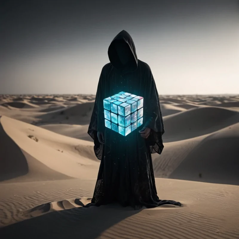 A hyperrealistic, 4K portrait of a sentient, levitating, neonlit holographic Rubiks cube, its ethereal form pulsating with intricate, bioluminescent fractal patterns, set against a surreal, monochromatic landscape of undulating, shadowy dunes, with volumetric lighting casting dramatic shadows and emphasizing the cubes dynamic, fluid movements, and a subtle, cool bokeh effect creating a sense of isolation and mystery, as a lone, spectral figure, cloaked in a tattered, hooded robe, stands silently at the edge of the frame, their face obscured by shadows, adding an enigmatic, haunting touch to the otherwise abstract scene.