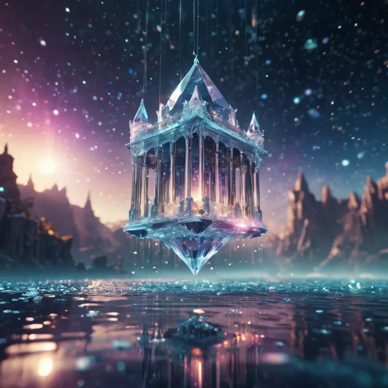 A levitating, crystalline palace suspended over a sea of liquid stardust, hyperrealistic, 8K, cinematic lighting, volumetric lighting, atmospheric effects, dynamic lighting, bokeh effect, soft focus, lens flare, prismatic colors, detailed textures.