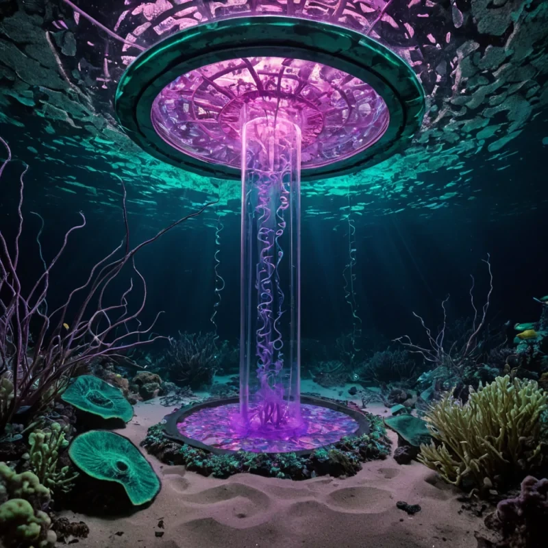 A vertical, symmetrical composition of a massive, submerged greenhouse dome constructed from thick, curved panels of frosted quartz, resting on the sandy ocean floor of a bioluminescent trench. Inside, lush, alien vegetation with broad, translucent leaves in shades of electric purple and neon green grows in concentric circles around a central, spiraling helix of flowing, liquid gold. The water outside is a deep, murky teal, filled with schools of small, jellyfishlike creatures that emit a soft, pink glow, their light refracting through the quartz walls to create a kaleidoscope of color inside. The lighting is ethereal and underwater, with shafts of moonlight piercing the surface far above, casting long, wavy shadows on the