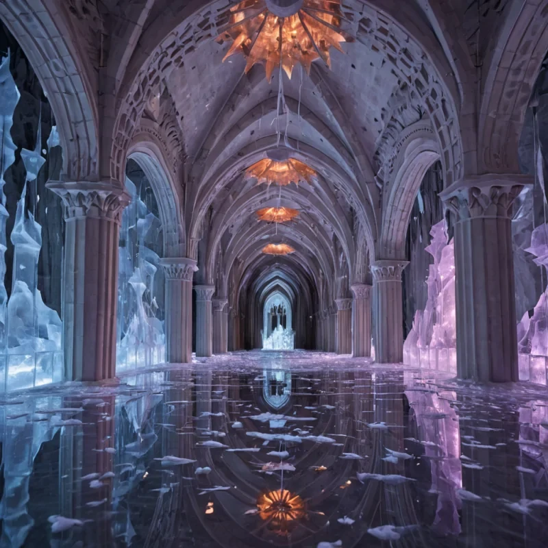 A hyperrealistic, eyelevel wide shot of a vast, subterranean cathedral carved entirely from translucent, pale blue ice, where the structural arches are reinforced with intricate lattices of glowing copper wire. The floor is not solid but a shallow, still pool of liquid mercury that perfectly mirrors the icy ceiling above, doubling the architectural depth. Floating gently in the center of the hall are dozens of delicate, origamistyle birds crafted from thin sheets of polished rose gold, each containing a small, suspended vial of swirling violet smoke. The lighting is ethereal and cool, emanating from hidden sources within the ice walls, casting long, sharp shadows and highlighting the reflective, silvery texture of the mercury floor.