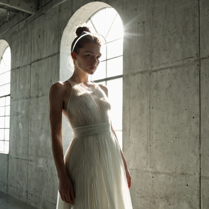 A sharp, mediumshot portrait of a young woman with luminous, freckled skin standing in a sundrenched, minimalist atelier. She wears an avantgarde dress constructed entirely from stiff, transparent, pleated silicone that creates a rigid, architectural silhouette around her torso, contrasting with loose, airy layers of raw, undyed linen hanging from the shoulders. Her hair is styled in a severe, slickedback bun, revealing a delicate, intricate headpiece made of thin, interlocking bands of raw aluminum that catch the harsh, directional sunlight streaming through a single, large industrial skylight. The background is a stark, offwhite concrete wall, emphasizing the play of hard, geometric shadows and bright highlights on the silicone texture. The lighting is