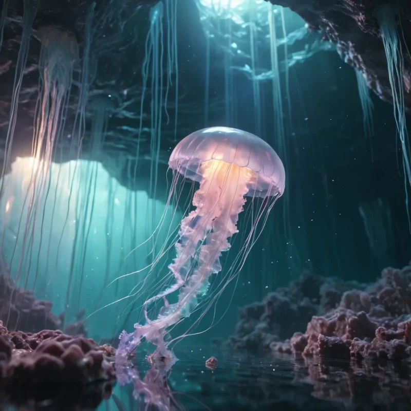 A lone, luminescent jellyfish drifts through a vast, underwater crystal cave, its tendrils emitting a soft glow that illuminates the iridescent, prismatic walls, hyperrealistic, 4K, cinematic lighting, volumetric lighting, atmospheric effects, bokeh effect, lens flare, pastel tones, detailed textures.