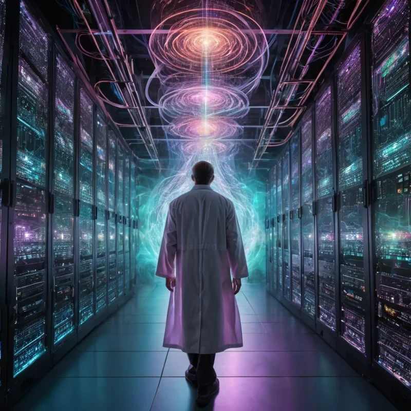 Quantum Whisper A solitary, hyperrealistic, quantum physicist, cloaked in a vibrant, Ultra HD, neonlit lab coat, stands in the heart of a colossal, surreal, holographic supercomputer. The supercomputers intricate, detailed textures pulsate with cinematic, volumetric lighting, casting dynamic shadows across its sprawling, geometric circuits. Atmospheric effects create a swirling, ethereal mist, revealing the physicists serene, introspective expression as they gaze upon a mesmerizing, ultraHD quantum fluctuation, dancing gracefully within the supercomputers core. The fluctuations iridescent, pastel hues cast a soft, bokeh effect, illuminating the physicists weathered,