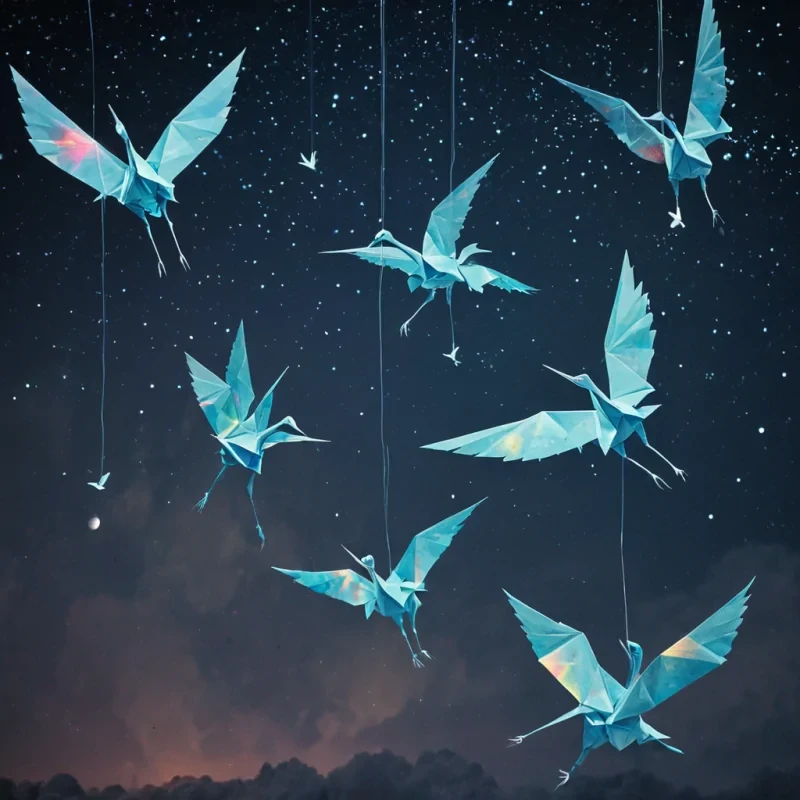 A vast, selforganizing constellation of floating, bioluminescent origami cranes drifts through the upper atmosphere of a planet shrouded in perpetual, iridescent mist. Each crane is not folded from paper, but from solidified sound waves  the residual vibrations of whispered lullabies from a civilization that never slept. They do not fly they float in perfect, silent synchrony, their wingspan expanding and contracting in response to the emotional resonance of the wind, which carries not air, but the faint, melodic afterimage of forgotten dreams. The cranes are not made of light  they are made of absence, each fold revealing a negative space that glows with the color of a memory that never
