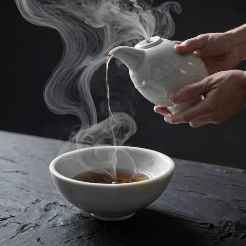 A horizontal, eyelevel closeup shot of a delicate, floating tea ceremony performed by a being composed entirely of swirling, translucent steam and condensation, hovering inside a ultraminimalist, white ceramic bowl. The steambeings form is ephemeral, with fingers made of rising vapor that gently stir a cup of dark, inkblack tea, creating tiny, distinct ripples on the liquid surface. The bowl rests on a matte black slate coaster, which contrasts sharply with the soft, billowing clouds of white steam that form the beings torso and head. Lighting is soft and diffused, casting gentle, shifting shadows that dance across the rim of the bowl, while microscopic droplets of water cling to the steams edges, catching the light like