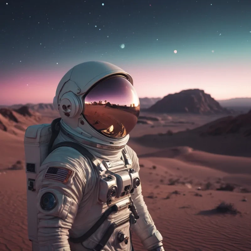 A lone astronaut exploring a desert planet at twilight, the twin moons casting an eerie glow on the alien landscape, the astronauts helmet reflecting the distant, shimmering mirage of an oasis, hyperrealistic, 4K, cinematic lighting, volumetric lighting, atmospheric effects, dynamic lighting, bokeh effect, soft focus, lens flare, pastel tones, detailed textures.