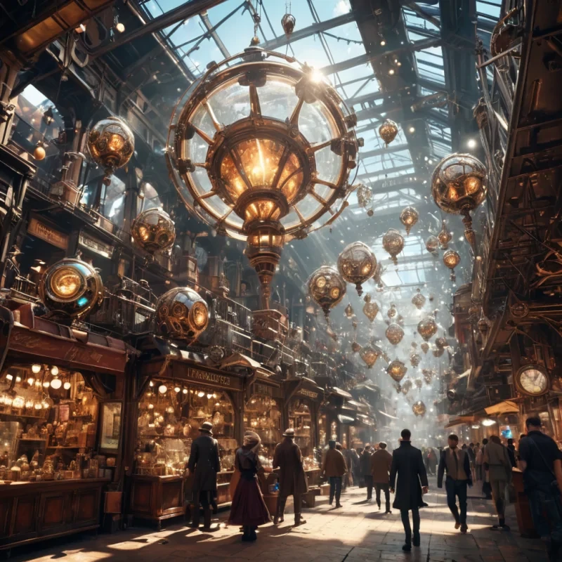 A sentient, crystalline structure levitates above a bustling, steampunk marketplace, its facets reflecting the chaotic dance of airborne automatons, hyperrealistic, ultra HD, cinematic lighting, volumetric lighting, atmospheric effects, dynamic lighting, bokeh effect, lens flare, vibrant colors, detailed textures.