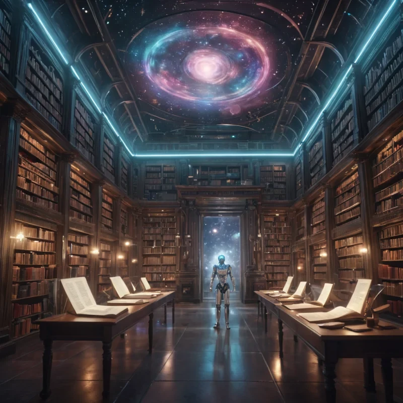 A sentient, metallic library drifting through the cosmos, its walls lined with glowing, holographic manuscripts, while a lone, robotic librarian tends to the celestial tomes, hyperrealistic, 4K, cinematic lighting, volumetric lighting, atmospheric effects, soft focus, pastel tones, detailed textures.