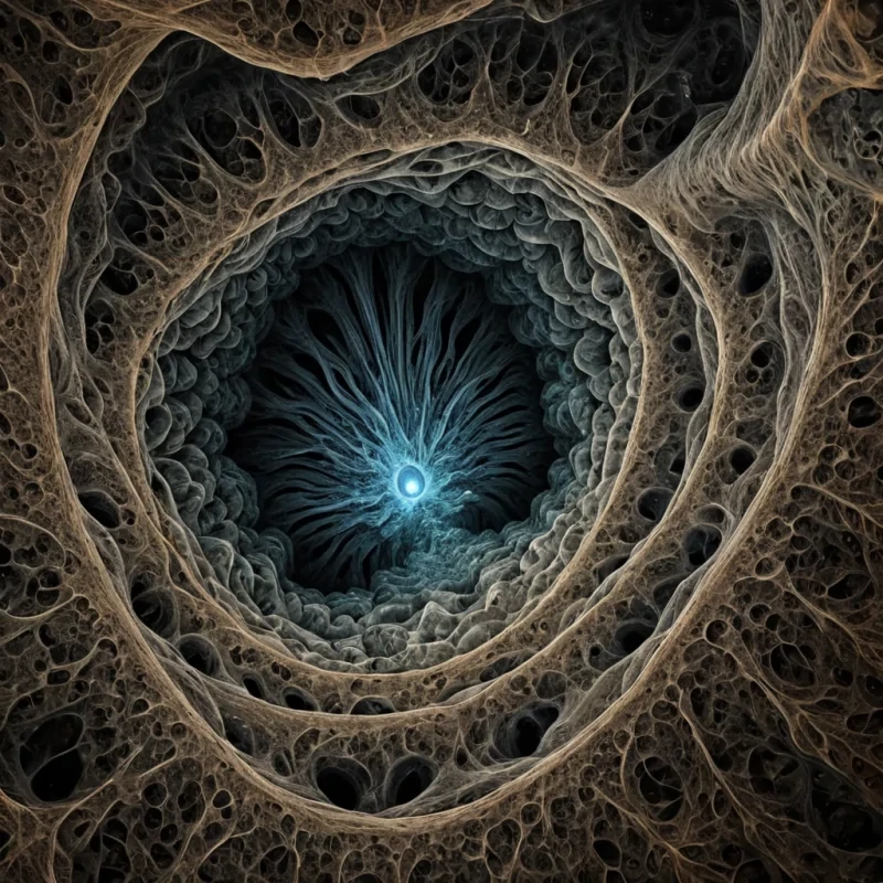 A single, selfilluminating fractal of reversed breath, shaped like a 97dimensional nebula of unformed inhalation and inverted respiration, drifts at the center of a vast, inverted cavern of solidified breathlessnesseach stalactite carved from the petrified instant between a gasp and its refusal to deepen, a sigh and its sudden collapse into still air, a breath held and its silent unraveling into pure absence. The fractal does not expandit unbreathes, each shimmering filament shedding a layer of pulmonary potential that never coalesced into a shared oxygen exchange, reforming into ephemeral, amethystthreaded afterimages shaped like the negative space between two rib cages that never rose