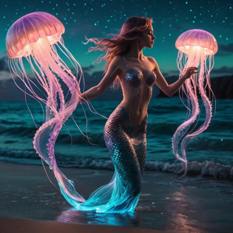 A glowing, ethereal mermaid dances on the shores of a luminescent, neon ocean at night, her scales reflecting the starlit sky, as bioluminescent jellyfish float gently around her, hyperrealistic, 4K, cinematic lighting, volumetric lighting, atmospheric effects, bokeh effect, soft focus, pastel tones, detailed textures.