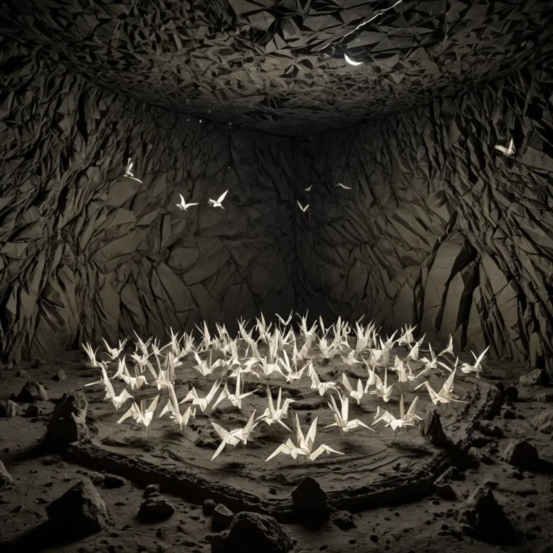 A single, selfsustaining constellation of floating, geometric origami cranes made of solidified static and woven moonlight hovers in the center of a vast, still chamber carved from the inside of a dormant volcano, its walls not stone but layers of compressed, fossilized laughter from a civilization that never spoke aloud. The cranes do not flythey pulse, each fold resonating with the frequency of a word that was never uttered, their edges glowing faintly with the afterimage of a handshake that occurred in reverse time. The floor is not rockit is a thick, viscous layer of liquid silence, its surface rippling with the thermal echo of a breath exhaled into the void, each ripple forming the shape of a letter that