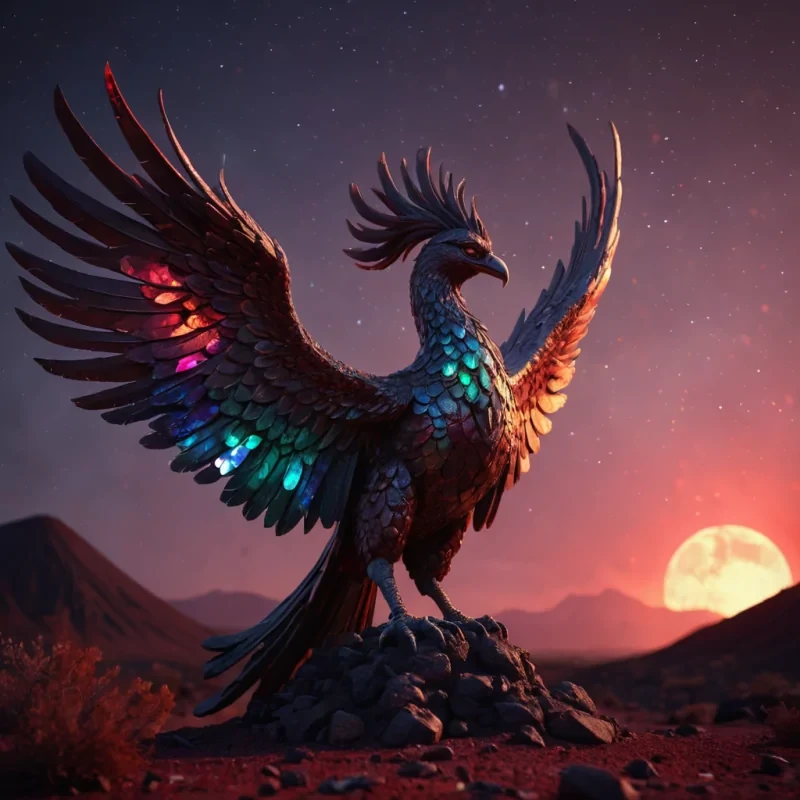 A lone, ancient statue of a phoenix, its feathers adorned with shimmering, iridescent gemstones, rising from the ashes in a barren, volcanic landscape under a bloodred moon, hyperrealistic, 4K, cinematic lighting, volumetric lighting, atmospheric effects, dynamic lighting, bokeh effect, soft focus, lens flare, vibrant colors, detailed textures.