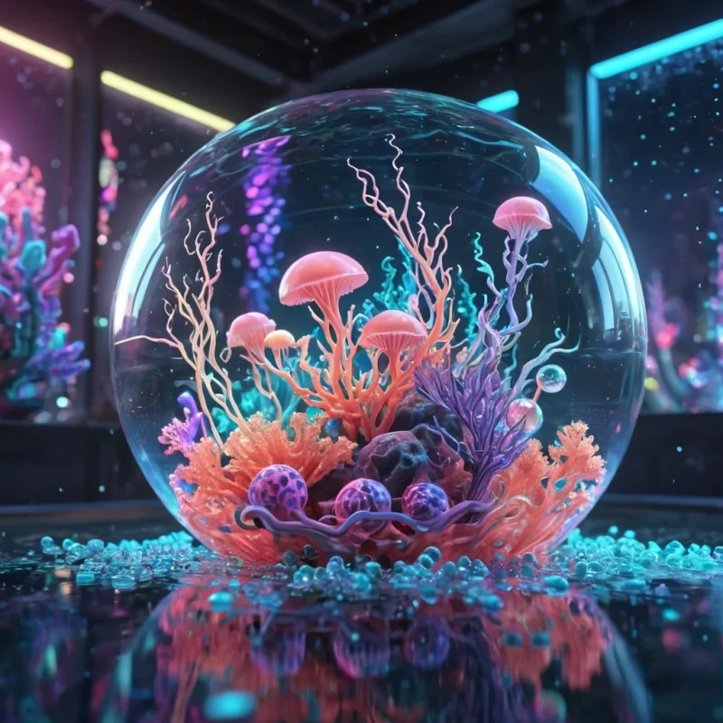 Hyperrealistic neon coral with iridescent tendrils, gently swaying in a floating, geometric aquarium of reflective, swirling pastel spheres, dynamic lighting with volumetric beams, soft focus on its delicate, luminescent body, vibrant colors, 4K resolution, lens flare shimmering around its ethereal form in a surreal, futuristic underwater city.