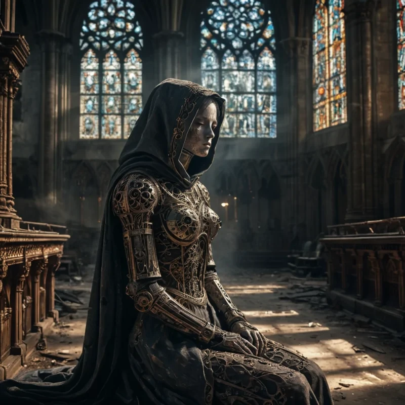 Photorealistic, Ultra HD portrait of a melancholic, sentient automaton, its metallic body adorned with intricate, tarnished filigree, sitting alone in a vast, abandoned cathedral, surrounded by towering, gothic arches and faded, stainedglass windows, with cinematic lighting casting dramatic shadows and emphasizing the intricate, steampunkinspired design, and a subtle, cool bokeh effect creating a sense of isolation and melancholy, as a lone, spectral comet streaks across the night sky, its glowing tail leaving a trail of stardust in its wake, while a spectral, ethereal figure, cloaked in a tattered, hooded robe, stands silently at the edge of
