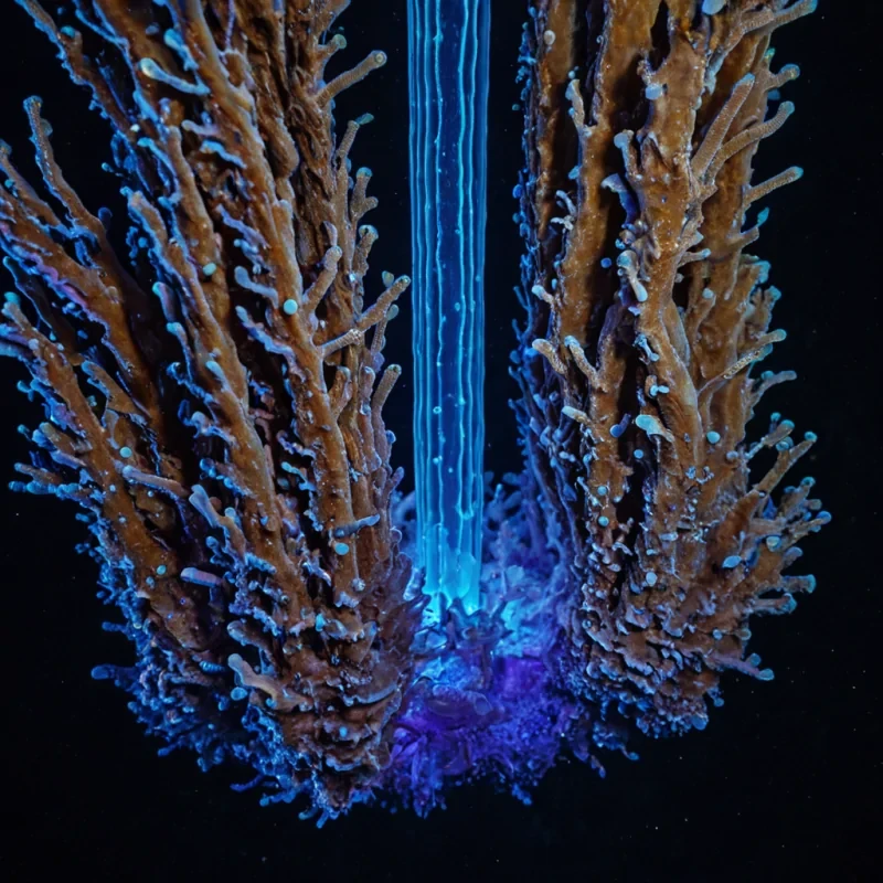A vertical, closeup composition of a colossal, vertical shaft of bioluminescent coral made of translucent, pale blue calcium carbonate, rising from a dark, silty seabed. The coral is not solid but composed of thousands of interlocking, rigid, hollow tubes that vibrate at a subtle, audible frequency, creating visible ripples in the surrounding water. Inside each tube, a tiny, perfectly spherical, glowing orb of deep violet light pulses in a synchronized, wavelike pattern that travels from the base to the tip. The water is thick and heavy, filled with suspended, microscopic particles of golden dust that catch the bioluminescent light, creating a soft, hazy, ethereal atmosphere. In the foreground, a single, large