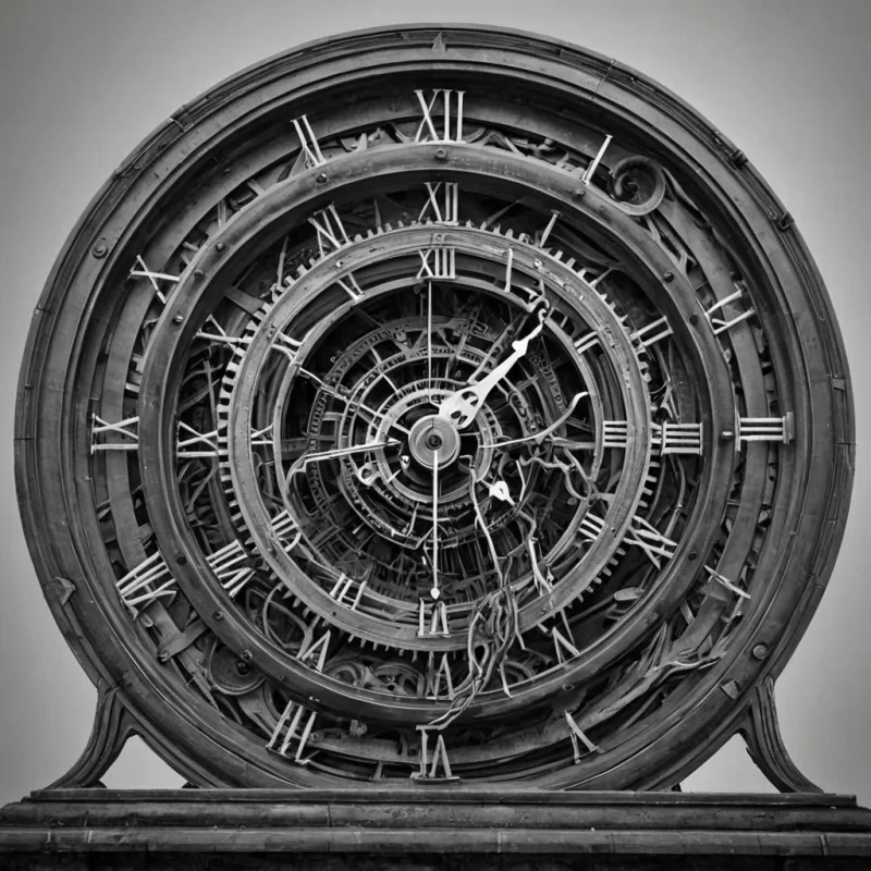 A single, selfilluminating tangle of reversed time, shaped like a 17,493dimensional braid of unformed chronology and inverted causality, pulses in the center of a vast, inverted clocktower of solidified stasis  each gear forged from the exact moment between a second hand turning and its refusal to advance, a heartbeat syncing with the pendulum and dissolving into nonprogress, a letter being written and collapsing into pure, unmeasured nonsequence. The braid does not measure time  it unmeasures it, each unraveling strand shedding a layer of temporal potential that never coalesced into linear narrative, reforming into ephemeral, onyxveined mist that drifts like
