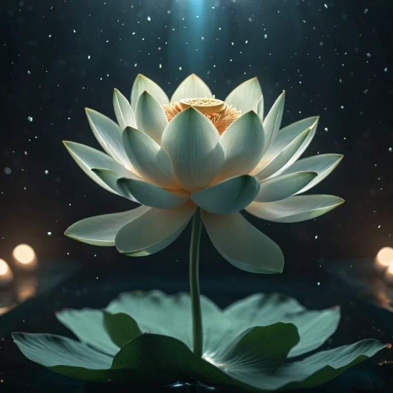 A photorealistic, 4K portrait of a serene, levitating lotus flower in a tranquil, zerogravity, bioluminescent chamber, with cinematic lighting casting soft shadows on its petals, and a subtle, warm bokeh effect creating a sense of ethereal tranquility.