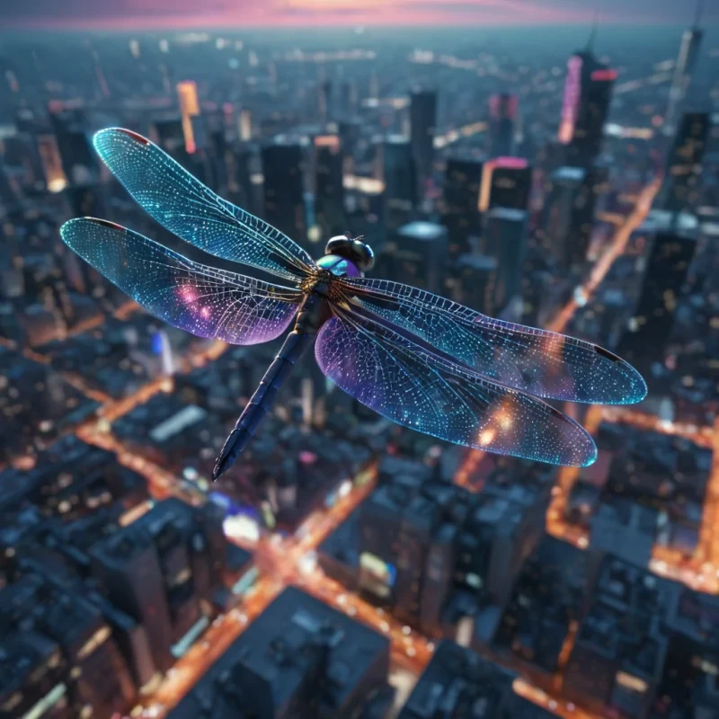 A levitating, neonlit dragonfly with iridescent wings hovering above a bustling, vertical cityscape, hyperrealistic, 4K, cinematic lighting, volumetric lighting, atmospheric effects, dynamic lighting, bokeh effect, vibrant colors, detailed textures.