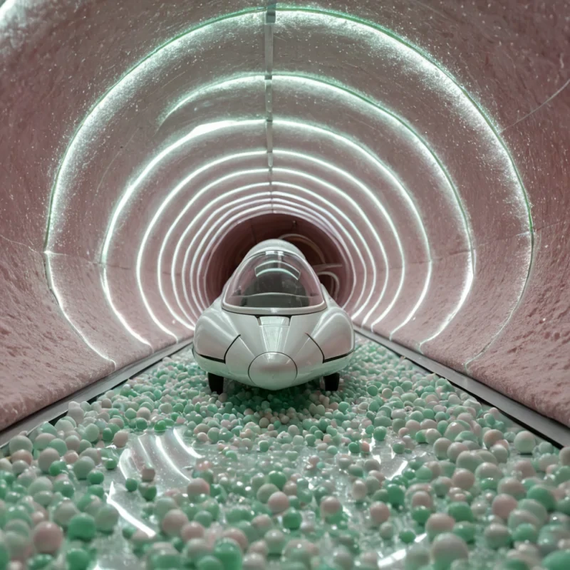A hyperrealistic, eyelevel medium shot of a solitary, sleek spacecraft navigating through a dense, atmospheric tunnel formed by giant, translucent strands of spun sugar in shades of pastel pink and mint green. The interior of the tunnel walls is lined with thousands of tiny, floating glass marbles that act as convex mirrors, each reflecting a different, miniature snapshot of everyday human life in warm, domestic settings. The spacecraft itself is constructed from matte white ceramic and polished chrome, with its nose cone gently pushing aside the sugary strands, causing them to stretch and twist like taffy. Soft, diffused light filters through the translucent sugar, casting long, ethereal shadows on the floor of the tunnel, which is covered in a fine layer of powdered sugar