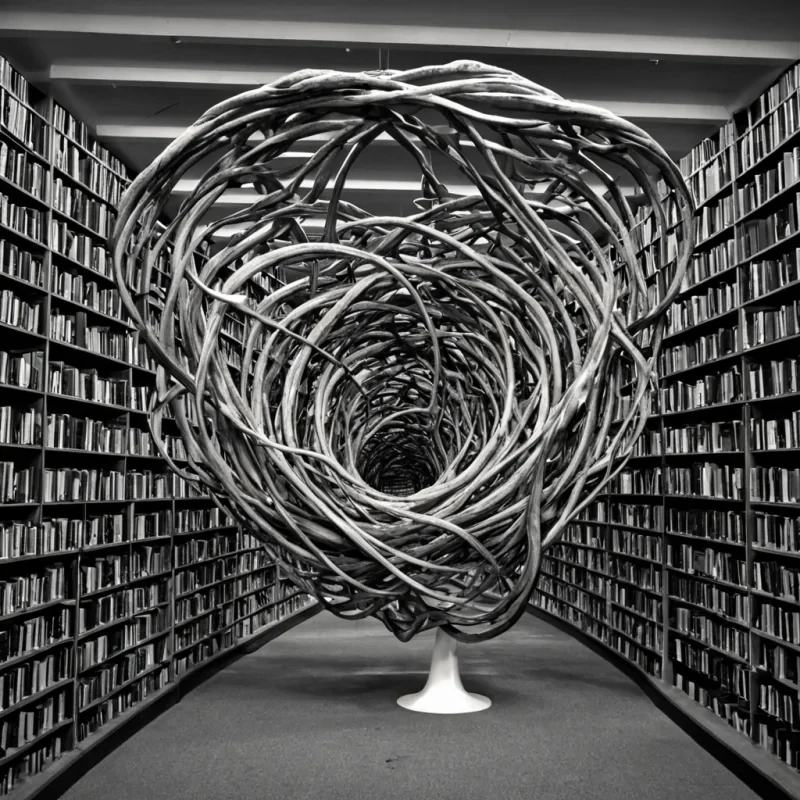 A single, selfrewriting knot of solidified silence, shaped like a hyperbolic tangle of reversed linguistic entropy, pulses at the center of a vast, inverted library built from the compressed, unspoken questions of a civilization that communicated through the duration of synchronized, silent hesitation. The knot does not unravelit unasks, each twist dissolving a layer of inquiry that never coalesced into a complete sentence, reforming into ephemeral, silverveined afterimages shaped like the negative space between two fingers that never pointed to the same word. The library is not archivalit is a layered expanse of petrified curiosity, each shelf etched with the syntactic residue of a question that was almost formed, its aisles