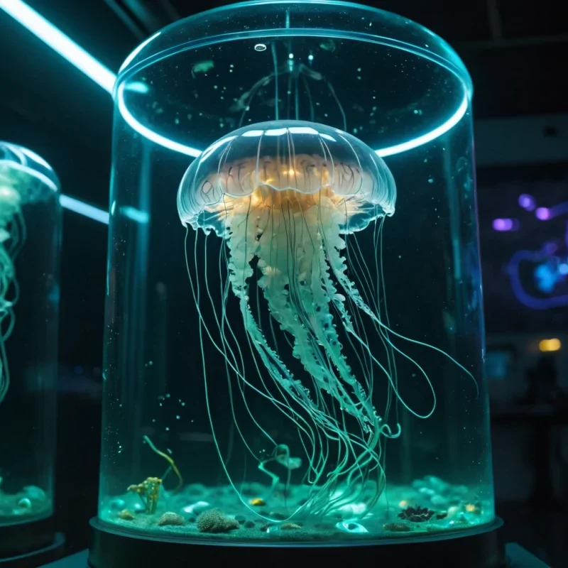 A sentient, mechanical jellyfish drifts through a zerogravity aquarium, its tendrils adorned with tiny, glowing LEDs that pulse with bioluminescent patterns, hyperrealistic, 8K, cinematic lighting, volumetric lighting, atmospheric effects, dynamic lighting, bokeh effect, soft focus, lens flare, electric blues, neon greens, and metallic golds, detailed textures.