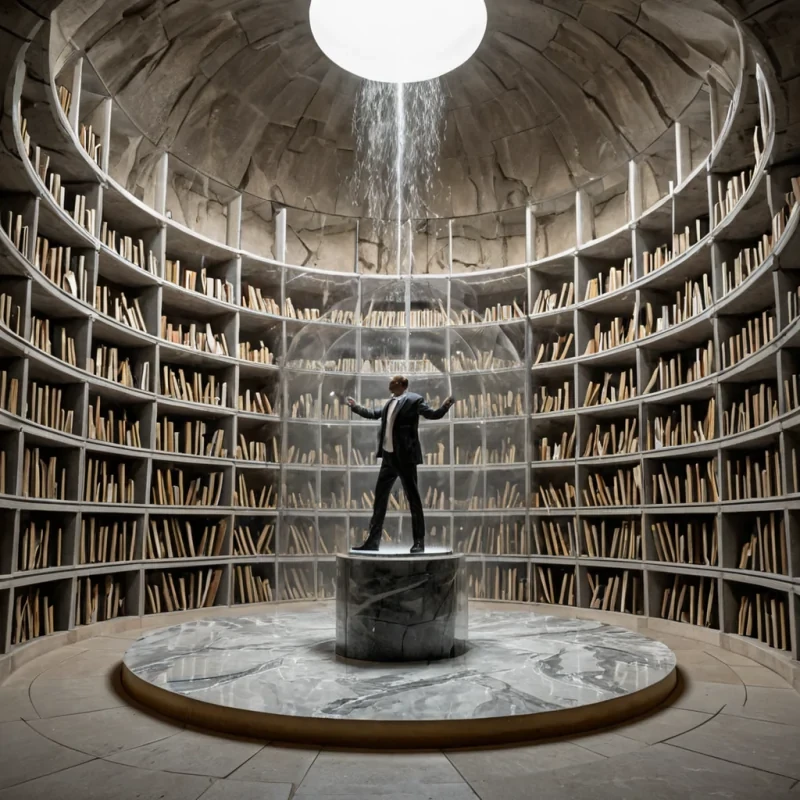 A hyperrealistic, isometric cutaway view of a pristine, white marble archive buried deep within a geothermal cavern, where the walls pulse with rhythmic veins of molten gold lava. The archive consists of tiered, circular shelves holding thousands of sealed, vacuumtight glass cylinders, each containing a suspended, frozen moment of atmospheric weathera tiny tornado, a snowstorm, or a lightning boltvisible through the clear walls. In the center, a circular platform made of polished black basalt rotates slowly, upon which stands a figure wearing a tailored, creamcolored suit with a highcollared, breathable mesh vest. The figure is carefully adjusting a delicate, brassandivory astrolabe that projects a holographic map of
