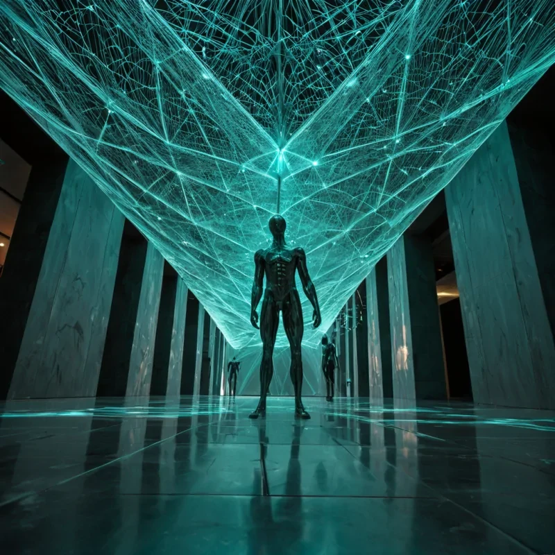 A hyperrealistic, lowangle perspective from beneath a colossal, suspended ceiling of woven, translucent spider silk that glows with a soft, internal teal luminescence. The silk is not empty it is densely populated by thousands of tiny, geometric glass prisms, each cut into a perfect dodecahedron, refracting the teal light into sharp, angular beams that slice through the cool, misty air below. Below this luminous canopy, a vast, silent floor of polished, dark slate is visible, reflecting the prismatic beams with high clarity. Standing in the center of the reflection is a single, elongated, metallic statue of a figure in midstride, made of raw, brushed bronze, its surface textured with fine