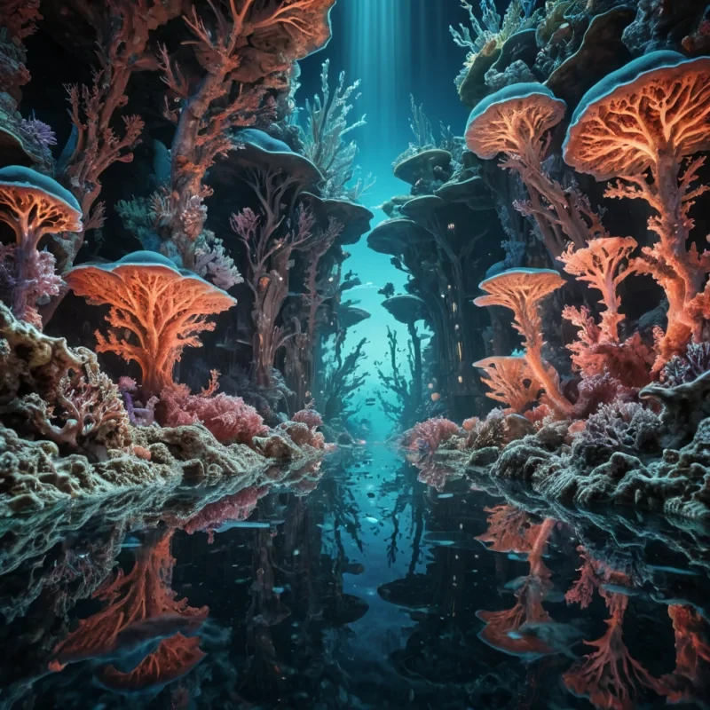 Photorealistic, colossal, inverted, opalescent, labyrinthine coral metropolis, its hyperrealistic, 4K, branching structures revealing ultra HD glimpses of an inverted, mirrored, aquatic world within. Volumetric lighting from an unseen bioluminescent source etches the citys ethereal, crystalline towers, casting intricate, dynamic, undulating shadows on the inverted, reflective surface. Cinematic lighting bathes the scene in vibrant, otherworldly hues, with lens flare emphasizing the citys central, radiant, pulsating, inverted, coral heart, throbbing with captive, alien marine life.