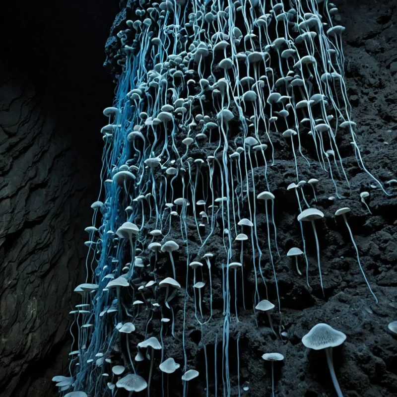 A lowangle, macro shot of a sprawling, organic network of thick, bioluminescent fungal strands growing vertically up the sheer side of a massive, suspended basalt column in a dark, humid cavern. The fungi are not the typical mycelial white but a deep, electric indigo that pulses with a slow, rhythmic heartbeat, emitting faint, cool mist from their porous, spongy texture. Interspersed among the fungal growths are hundreds of tiny, hollow, porcelain shells, each perfectly preserved and arranged in a precise, spiraling lattice that clings to the rock. Inside each shell, a single, suspended drop of golden oil floats, defying gravity, catching the faint indigo glow and refracting it into