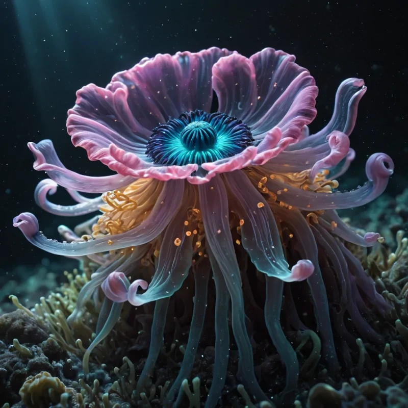 Photorealistic, colossal, undulating, glasslike, iridescent anemone, its delicate, hyperrealistic, 4K tentacles dancing in ultra HD, casting intricate, dynamic shadows on the mirrored, geometric surface of an infinite, nebulafilled void. Volumetric lighting accentuates the anemones ethereal, bioluminescent form, while atmospheric effects create a mesmerizing, otherworldly haze. Cinematic lighting bathes the scene in vibrant, shifting colors, with lens flare emphasizing the anemones central, radiant, pulsating heart.