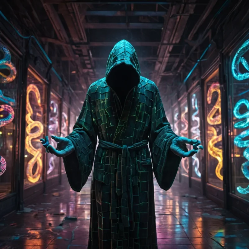 Photorealistic, Ultra HD portrait of a sentient, levitating, neonlit holographic Rubiks snake, its ethereal form pulsating with intricate, bioluminescent fractal patterns, suspended in the heart of a vast, abandoned, neonlit arcade, with volumetric lighting casting dramatic shadows and emphasizing the snakes dynamic, fluid movements, and a subtle, cool bokeh effect creating a sense of isolation and melancholy, as a spectral, ethereal figure, cloaked in a tattered, hooded robe, stands silently at the edge of the frame, their face obscured by shadows, adding an enigmatic, haunting touch to the otherwise abstract scene.