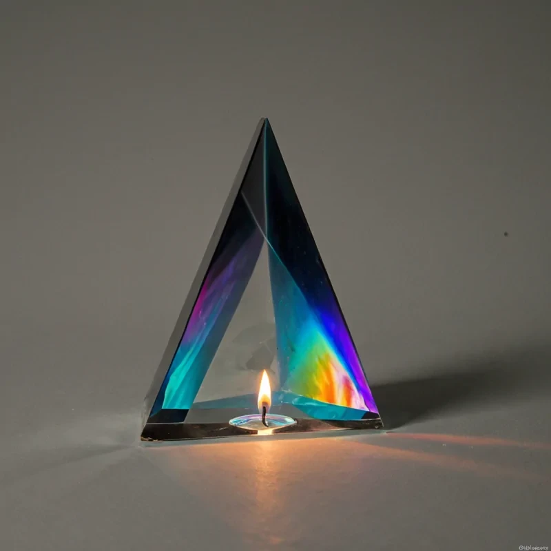 A single, selfreflecting shard of reversed light, shaped like a 23,817dimensional prism of unformed spectrum and inverted luminescence, hovers at the center of a vast, inverted mirror of solidified darkness. Each facet is forged from the exact moment between a flame igniting and its refusal to burn, a star flaring in the void and dissolving into nonradiance, a candle being lit in a room and collapsing into pure, unmeasured nonillumination. The prism does not refract lightit unrefracts it, each shimmering edge shedding a layer of photonic potential that never coalesced into color, warmth, or the weight of being seen. As it rotates forward through