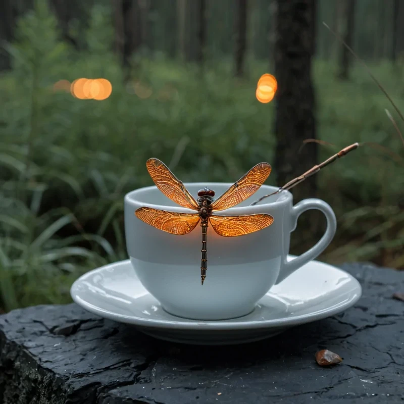A horizontal, mediumshot hyperrealistic photograph of a solitary, oversized, matte white ceramic teacup resting on a rough, weathered slab of slate. The cup is filled to the brim with thick, viscous, iridescent oil that shimmers with hues of burnt orange, deep teal, and metallic copper. Floating within the oil, defying surface tension, is a delicate, intricate mechanical insect made of fine, polished chrome wires and tiny, glowing amber jewels, resembling a dragonfly frozen in midflight. The background is a blurred, outoffocus forest of tall, slender, translucent glass reeds that sway gently, reflecting the ambient light in soft, prismatic streaks. The lighting is soft and diffuse, creating a