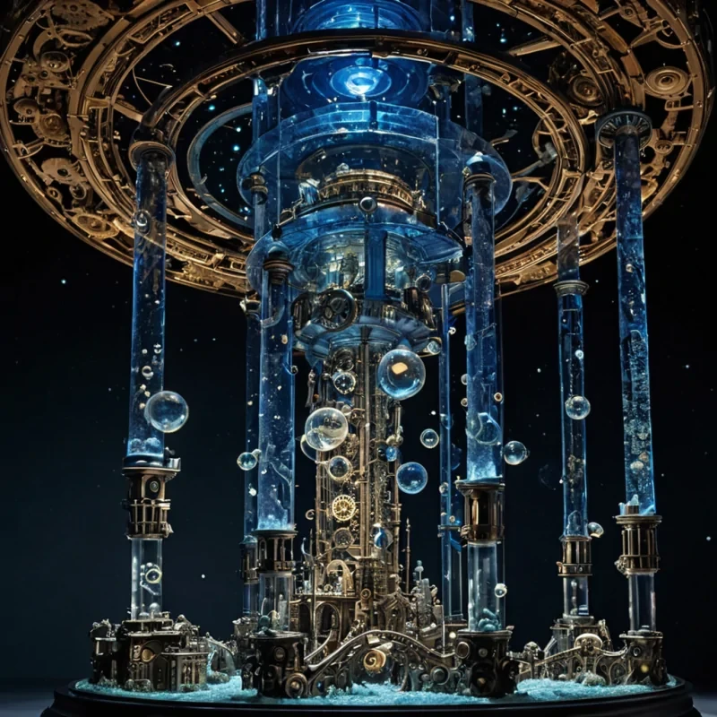 A vertical, symmetrical composition of a colossal, floating clockwork city suspended in a void of deep, velvety indigo, where gravity is replaced by magnetic levitation. The architecture is composed of interlocking gears made of polished bronze and translucent alabaster, each gear housing miniature ecosystems of glowing moss and crystal formations. In the center, a massive, spiraling tower of spun glass ascends, its surface etched with intricate, luminous constellations that shift and rotate with the movement of the surrounding gears. The lighting is cinematic and dramatic, with beams of soft, golden light emanating from the core of the tower, casting long, sharp shadows across the metallic surfaces. The air is filled with floating, iridescent bubbles