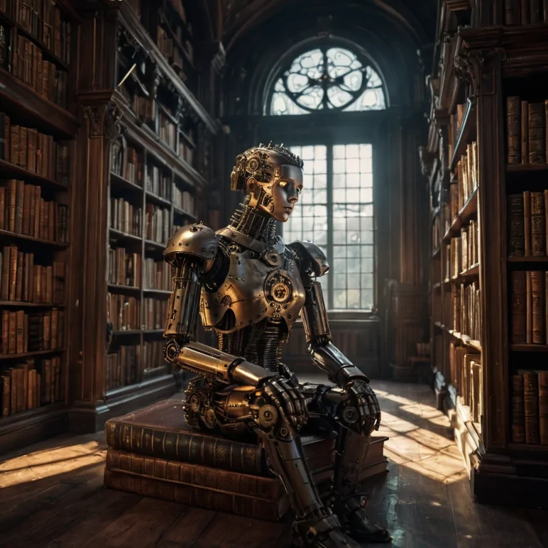 A hyperrealistic, 4K portrait of a melancholic, sentient automaton sitting alone in a grand, abandoned Victorian library, its metallic gears visible through its glass body, surrounded by towering bookshelves filled with ancient, leatherbound tomes, with cinematic lighting casting dramatic shadows on its intricate, steampunkinspired design, and a subtle, warm bokeh effect creating a sense of isolation and longing.