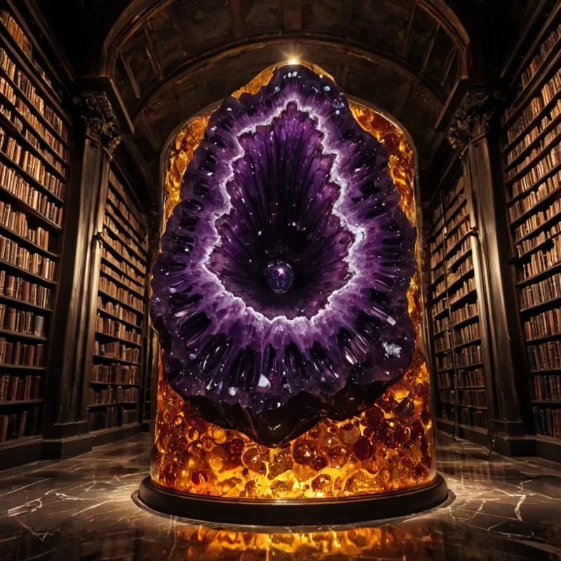 A photorealistic, lowangle closeup shot of a solitary, ancient library archive located inside a colossal, hollowedout geode of deep purple amethyst, where the walls are lined with thousands of vertical slots holding cylindrical tubes made of translucent amber glass. Each tube contains a swirling, viscous fluid in shades of molten gold and crimson red, suspended with tiny, intricate clockwork mechanisms that float within the liquid, their gears turning slowly as if powered by the ambient hum of the stone. The floor is composed of smooth, polished obsidian that reflects the warm, glowing light emanating from the amber tubes, creating a kaleidoscope of fractured colors. In the immediate foreground, a pair of hands wearing delicate, filigree silver ga