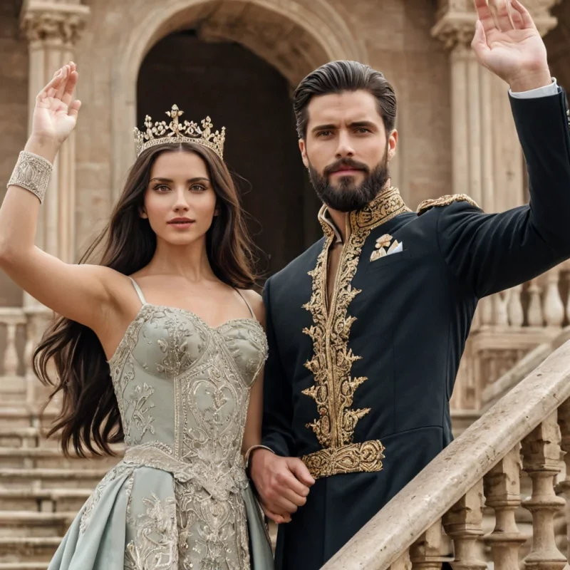 A very clear modern picture of a dark haired, modern handsome king with a beard along with beautifully dressed, brown haired women. They are standing on a palace terrace waving to the crowd below.
