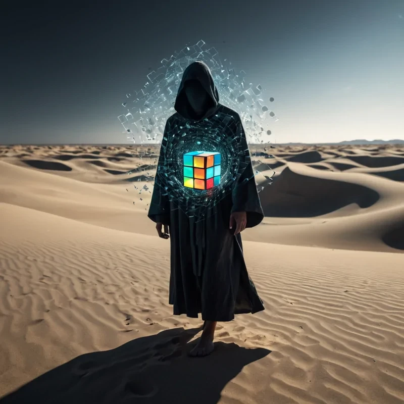 A hyperrealistic, 4K portrait of a sentient, levitating, neonlit holographic Rubiks cube, its ethereal form pulsating with intricate, bioluminescent fractal patterns, set against a surreal, monochromatic landscape of undulating, shadowy dunes, with volumetric lighting casting dramatic shadows and emphasizing the cubes dynamic, fluid movements, and a subtle, cool bokeh effect creating a sense of isolation and mystery, as a lone, spectral figure, cloaked in a tattered, hooded robe, stands silently at the edge of the frame, their face obscured by shadows, adding an enigmatic, haunting touch to the otherwise abstract scene.