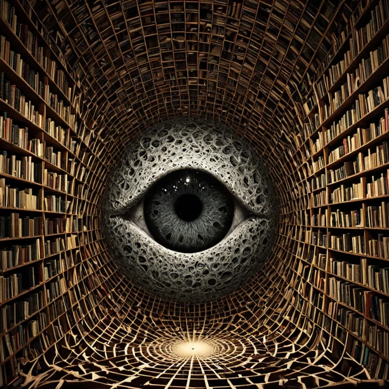 A single, selfresonating fractal of reversed perception, shaped like a 3,421dimensional lattice of unformed sight and inverted awareness, pulses at the center of a vast, inverted library of solidified blindness  each book carved from the exact moment between an eye focusing and its refusal to interpret, a camera shutter closing and dissolving into nonvisual stillness, a glance meeting a face and collapsing into pure, unmeasured nonseeing. The lattice does not perceive  it unperceives, each shifting filament shedding a layer of optical potential that never coalesced into conscious recognition, reforming into ephemeral, obsidianthreaded afterimages shaped like the negative space between two eyes that never blinked, rendered