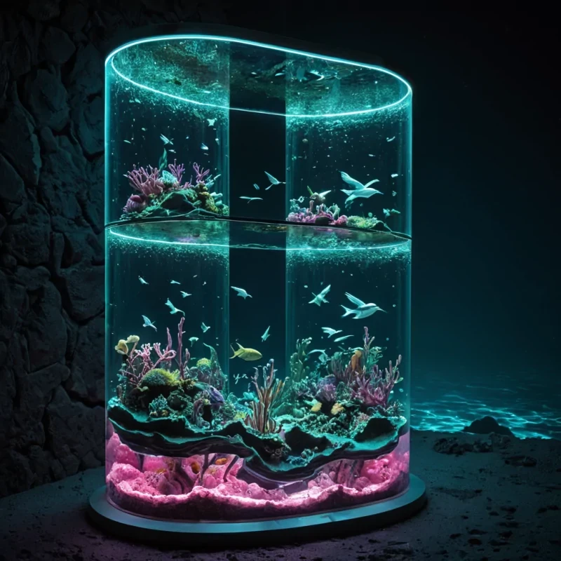 A hyperrealistic, isometric crosssection of a colossal, submerged terrarium encased in a seamless, curved wall of thick, reinforced glass, revealing a selfcontained vertical ecosystem of stacked, floating islands made of porous, honeycomblike coral in vibrant shades of neon pink and electric blue. Each island layer is connected by spiraling, translucent aqueducts filled with slowmoving, bioluminescent water that glows with a soft, ethereal green light. Tiny, mechanical birds crafted from polished chrome and glass hover between the layers, their wings beating in synchronized rhythm, while the background outside the glass shows the deep, crushing darkness of the ocean, illuminated only by the faint, distant beams of searchlights from passing submersibles. The