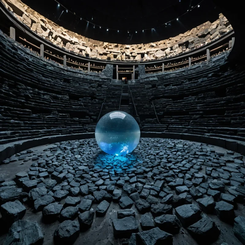 A wideangle, cinematic shot of a vast, openair amphitheater constructed entirely from stacked, translucent slabs of raw, unpolished sapphire crystal, set within a cavern of polished black basalt. The seating is not rows of stone, but tiered shelves holding thousands of individual, small glass vials, each containing a different hue of viscous, slowly moving liquid ranging from pale pastel mint to deep indigo, creating a shimmering, textured mosaic that glows with internal luminescence. In the center stage, a single, massive, spherical orb of pure white vapor hovers, emitting a soft, warm, golden light that casts long, sharp shadows across the crystalline floor. Suspended above the audience are hundreds of