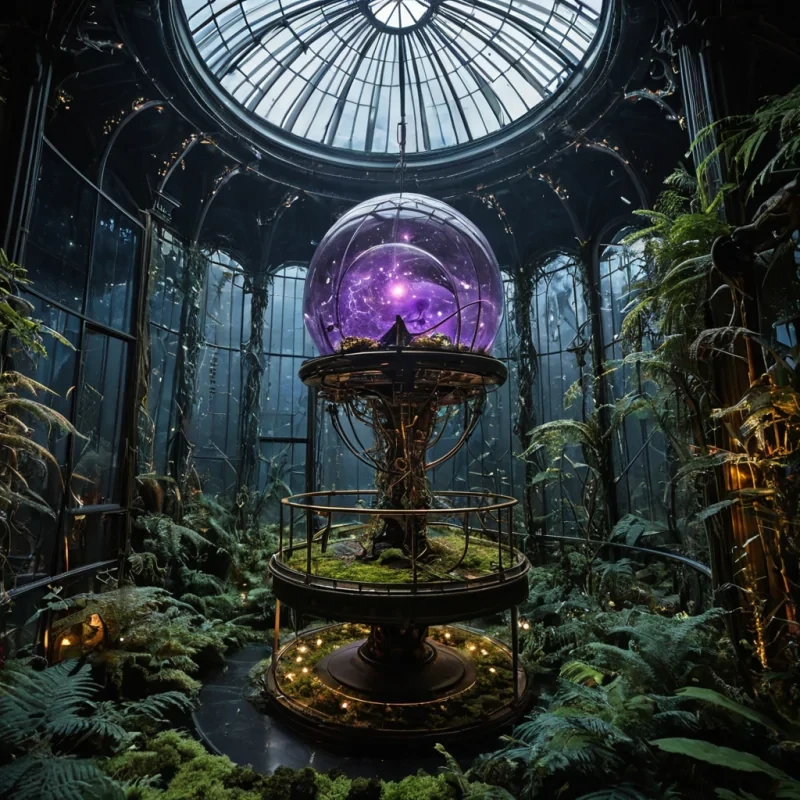 A horizontal, eyelevel wide shot of a sprawling, retrofuturistic greenhouse constructed from seamless sheets of frosted amber glass, situated atop a steep, jagged cliff overlooking a vast, swirling nebula in deep space. Inside, towering vertical gardens of bioluminescent ferns and cascading vines of glowing violet moss grow in dense, lush layers, their leaves emitting a soft, rhythmic pulse of cyan light. In the center, a large, antique brass astrolabe hangs suspended by thin, transparent filaments, its intricate rings slowly rotating to align with the celestial bodies visible through the glass ceiling. A solitary figure wearing a padded, quilted spacesuit with a clear, bubblelike helmet stands on a circular platform of polished obsidian