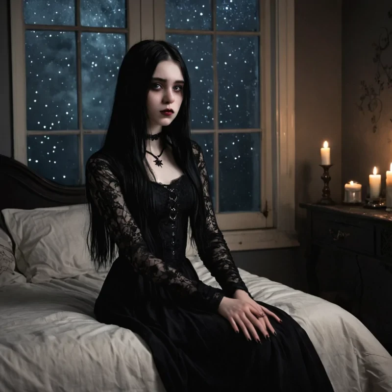 A young goth girl, around 17 years old, with long, smooth black hair and a pale white complexion, sitting in a dimly lit bedroom. She is wearing a black dress with intricate lace details and has blackpainted fingernails. Her face is marked by a bittersweet expression, with tears glistening in her eyes but a faint, melancholic smile on her lips. The setting is surrealoutside her bedroom window, the vast expanse of space is visible, filled with stars, nebulae, and distant galaxies, as if her room floats in the cosmos. The room has a cozy, gothic aesthetic with dark furniture, candles, and faint shadows. The mood is a mix of sadness and beauty, evoking a sense of mystery and wonder.