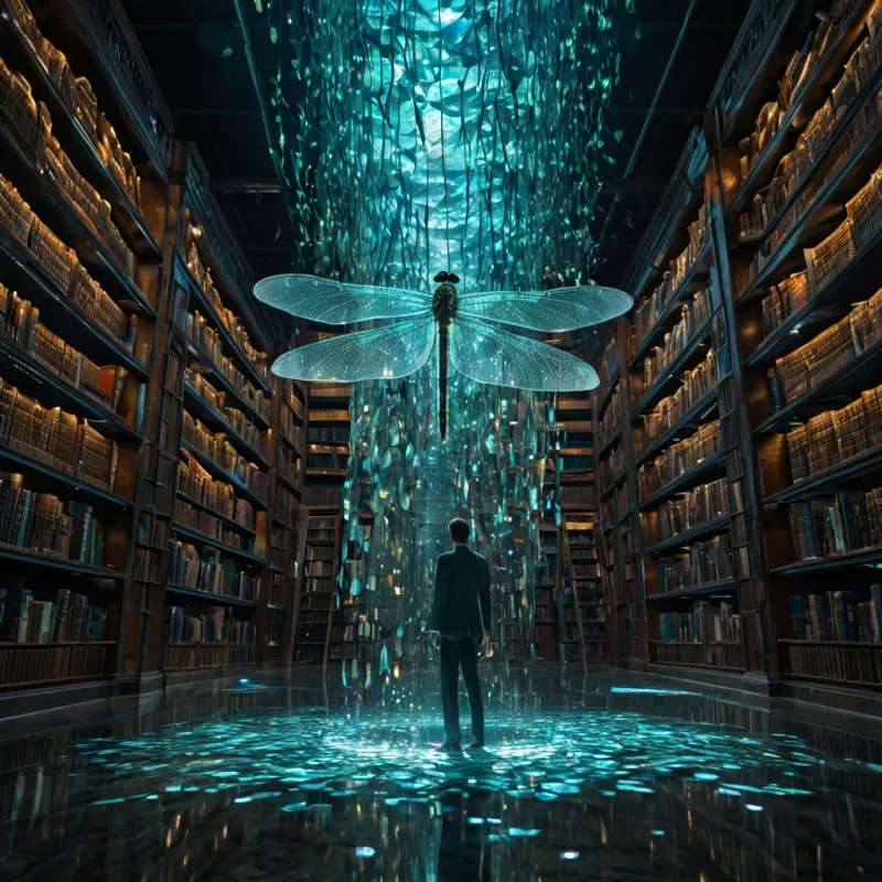 A vertical, highresolution shot of a colossal, translucent library constructed from layers of compressed, iridescent dragonfly wings, suspended in a void of swirling, deepsea bioluminescence. The books are not paper but solidified beams of coherent light, stacked in floating, geometric pyramids that drift slowly through the waterlike atmosphere. In the foreground, a solitary figure wearing a suit of woven, metallic kelp and polished coral navigates the space on a hoverdisc made of clear, amber resin. The lighting is ethereal and directional, casting long, rippling shadows that mimic the movement of currents, while particles of glowing plankton float around the lightbeams, creating a sense of depth and motion. The color palette is dominated