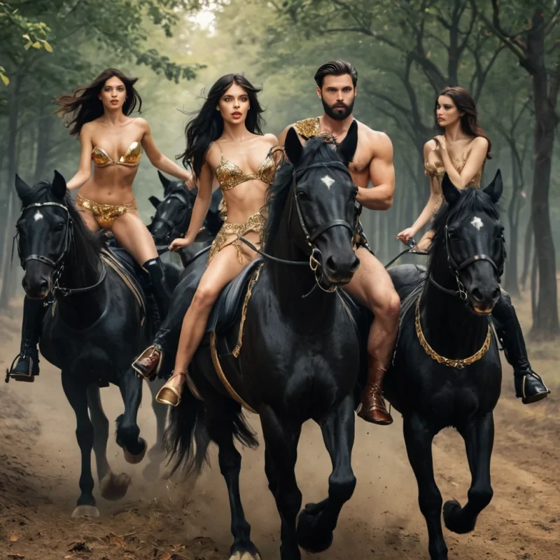 A dark haired, modern handsome king with a beard riding shining black horses along with beautiful, scantily dressed women. They are chasing a fox