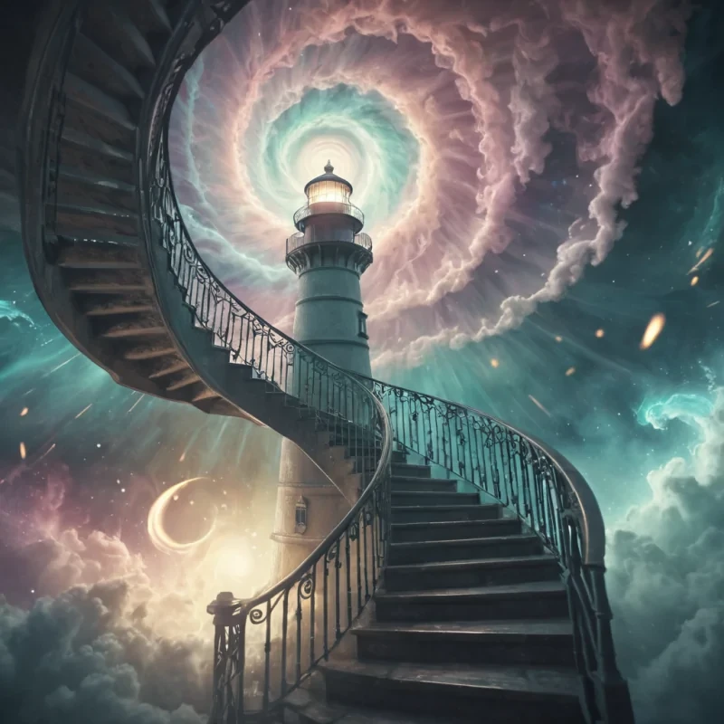 A lone, spectral lighthouse keeper ascending a spiral staircase into a swirling, cosmic storm, hyperrealistic, 4K, cinematic lighting, volumetric lighting, atmospheric effects, dynamic lighting, bokeh effect, soft focus, lens flare, pastel tones, detailed textures.