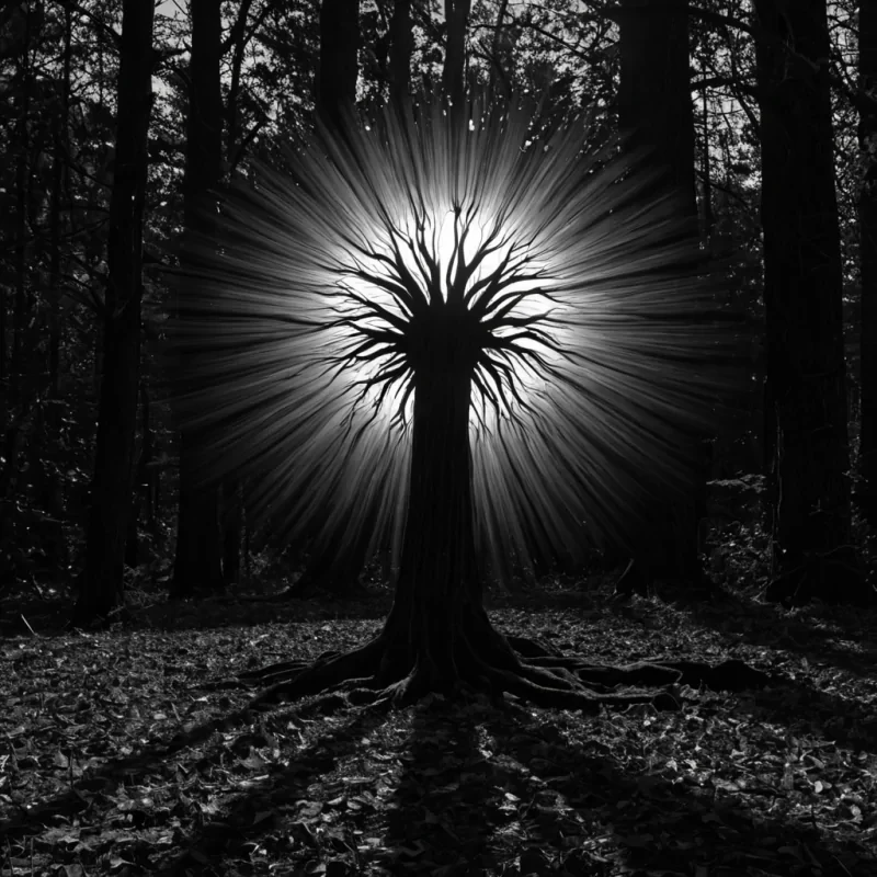 A single, selfreplicating bloom of reversed light, shaped like a 103dimensional corona of unformed radiance and inverted luminescence, pulses at the center of a vast, inverted forest of solidified twilighteach tree carved from the petrified instant between a suns descent and its refusal to rise, a shadows lengthening and its sudden collapse into pure darkness, a leafs fall and its suspension midair as if time had never consented to motion. The bloom does not shineit unshines, each petal shedding a layer of photonic potential that never coalesced into a shared warmth, reforming into ephemeral, sapphirethreaded afterimages shaped like the negative space between two