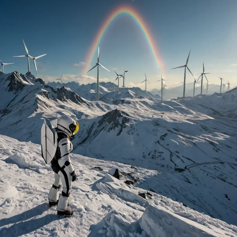 A horizontal, eyelevel medium shot of a highaltitude wind farm situated on the jagged peaks of a crystalline mountain range, where the wind turbines are replaced by massive, rotating discs of spun glass that refract sunlight into prismatic rainbows across the surrounding snow. In the foreground, an aeronaut wearing a streamlined, aerodynamic suit of matte white composite material with integrated solarpanel wings stands on a narrow obsidian ledge, adjusting a complex array of copper antennas mounted on their back. The air is thick with floating ice crystals that glitter like diamond dust, and in the distance, a fleet of silent, teardropshaped airships drift lazily on the thermal currents, their hulls reflecting the soft, pastel hues of a twilight sky