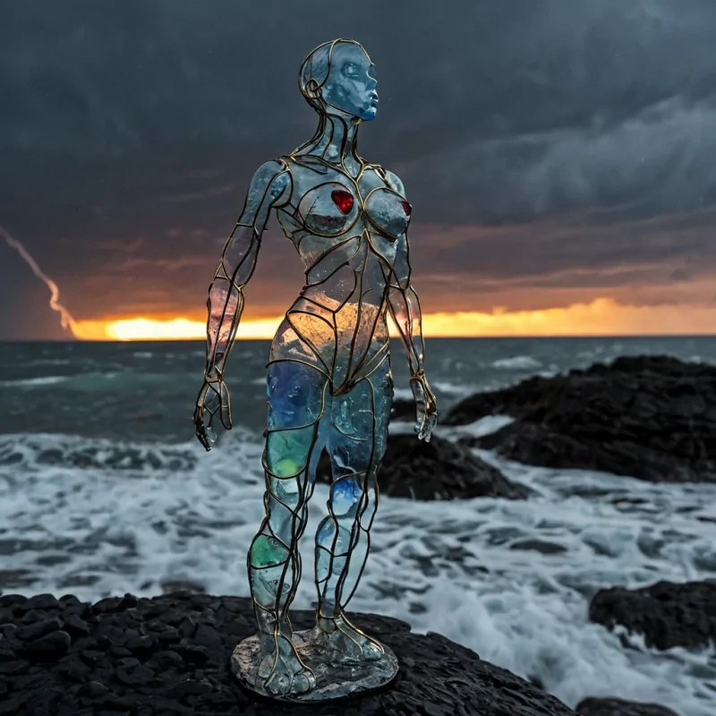 A vertical, extreme closeup shot of a translucent, gelatinous humanoid figure composed of layered, iridescent sea glass and suspended silver wire, standing atop a rugged, black basalt coastline under a stormy, indigo sky. The figures internal structure is visible through the semitransparent material, revealing a intricate, clockwork heart made of polished brass and ruby crystals that pulses with a rhythmic, warm orange light. Raindrops bead on the figures smooth, curved shoulder, each droplet acting as a lens that refracts the dramatic, highcontrast lightning flashes illuminating the turbulent, foaming waves crashing against the rocks below. The scene is rendered in hyperrealistic detail, with a shallow depth of field that sharply focuses on